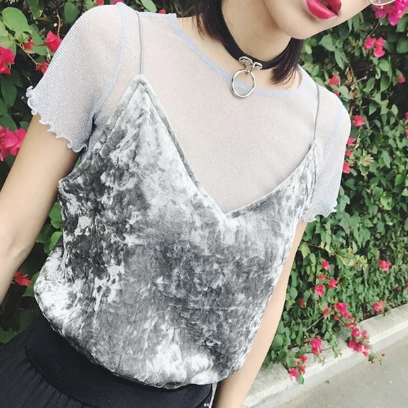 Luna Collective Tops - Metallic Mesh Crop Top See Through Sheer